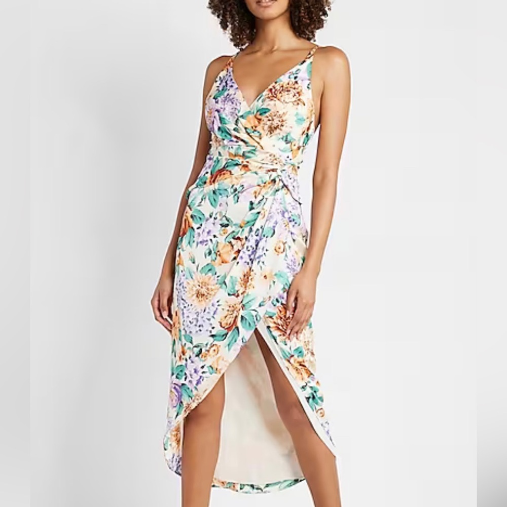 Express Floral Satin Twist Waist Hi-Lo Midi Dress